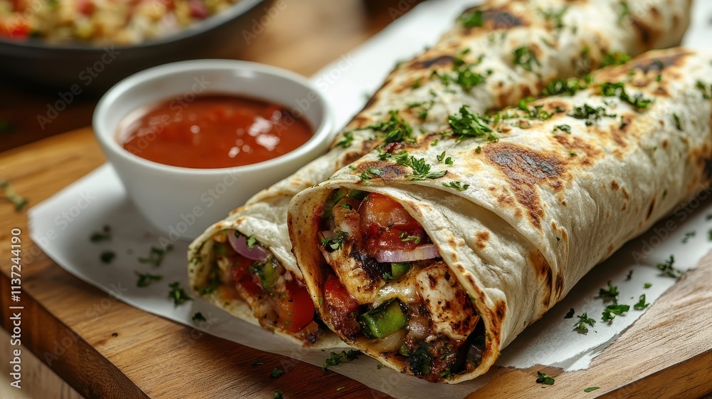 Modern Kebab with Dipping Sauce on Wooden Platter Modern Kebab with Dipping Sauce on Wooden Platter