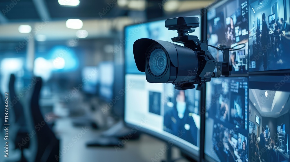 A zoomed-in view of a webcam mounted on top of a monitor, capturing a professional angle A zoomed-in view of a webcam mounted on top of a monitor, capturing a professional angle