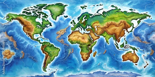 A vibrant watercolor depiction of the Earth's continents, showcasing diverse landscapes and the vast expanse of the oceans