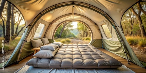 Inflatable bed inside a spacious tent on a camping trip, inflatable, bed, tent, camping, trip, outdoors, adventure