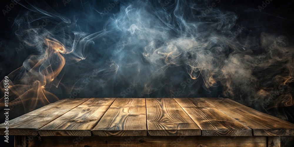 A Rustic Wooden Tabletop with a Smoky Backdrop, Perfect for Displaying Products or Creating a Moody Atmosphere A Rustic Wooden Tabletop with a Smoky Backdrop, Perfect for Displaying Products or Creating a Moody Atmosphere
