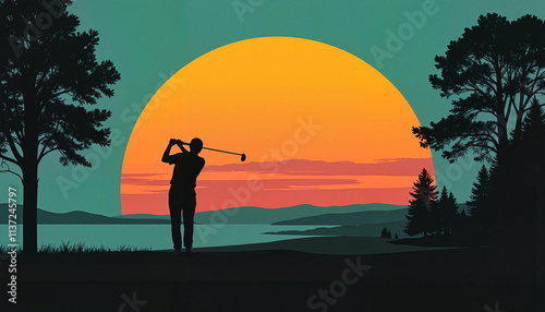Silhouetted golfer swinging club against sunset over lake and mountains
