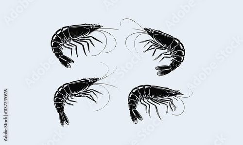 Elegant black and white shrimp vector set for creative design projects, easily editable.