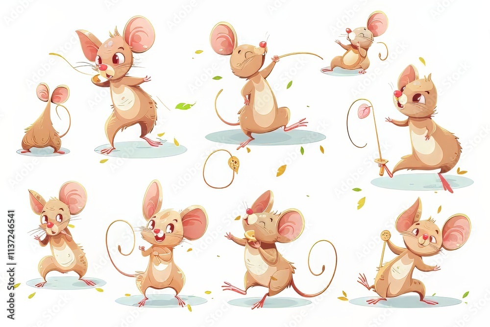 Naklejka premium Playful animated mice engaging in various fun activities on a bright background.