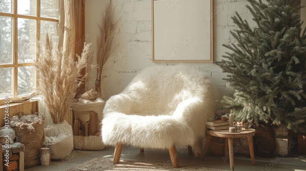 Cozy alpine modern living space with blank canvas for mockup art winter retreat interior decor warm environment Cozy alpine modern living space with blank canvas for mockup art winter retreat interior decor warm environment