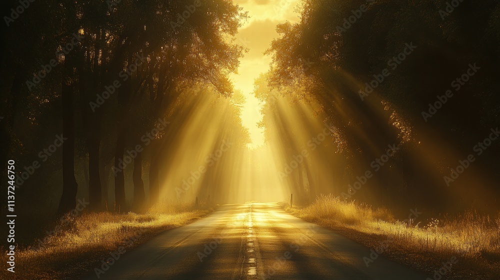 Golden Hour Road Through Sunlit Trees Golden Hour Road Through Sunlit Trees
