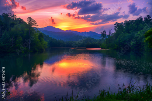 Sunset Over Serene Lake Surrounded by Lush Greenery with Majestic Mountains in Background