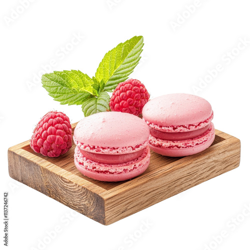 Raspberry macarons on a wooden tray, isolated on a white background, rustic and refined. PNG