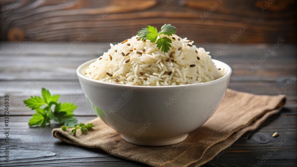 Jeera rice served in a white bowl , cumin rice, Indian cuisine, food photography, aromatic, savory, side dish, meal Jeera rice served in a white bowl , cumin rice, Indian cuisine, food photography, aromatic, savory, side dish, meal