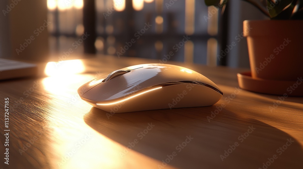 Close-up of a sleek wireless mouse placed on a wooden desk with soft sunlight reflecting off its surface Close-up of a sleek wireless mouse placed on a wooden desk with soft sunlight reflecting off its surface
