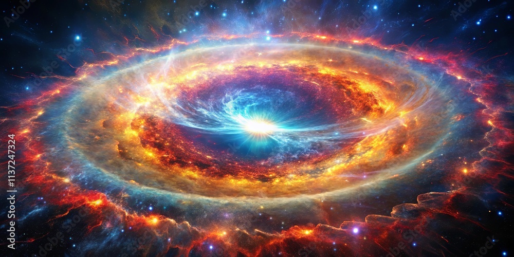 A radiant celestial dance of fiery plasma and cosmic dust swirling around a dazzling central star, illuminated by a vibrant blue nebula. A radiant celestial dance of fiery plasma and cosmic dust swirling around a dazzling central star, illuminated by a vibrant blue nebula.