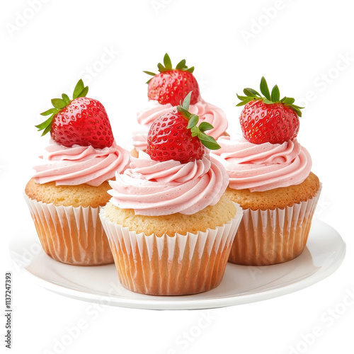 Strawberry cupcakes on a plate, isolated with a white background, elegant and appealing. PNG