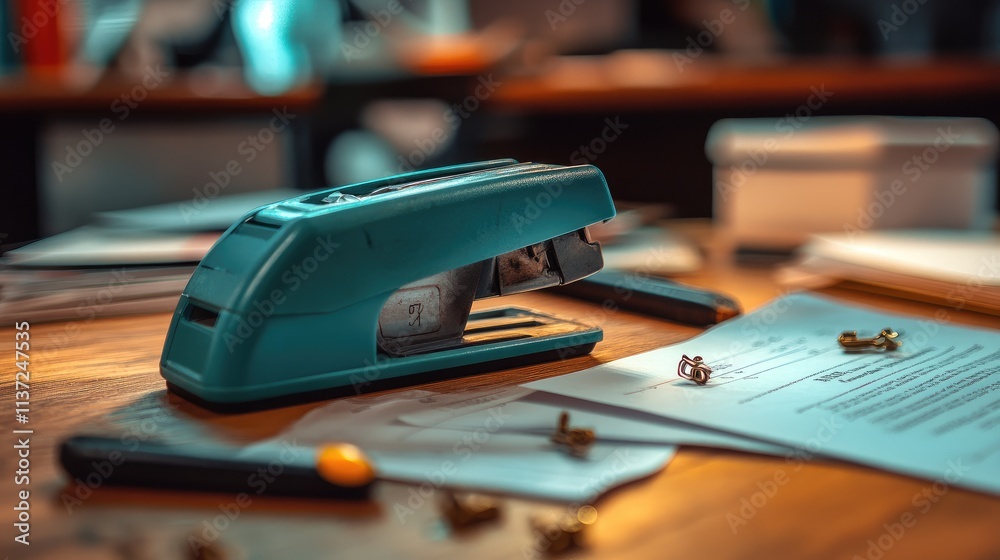 Close-up of a stapler with scattered staples and documents on a wooden desk in an office setting Close-up of a stapler with scattered staples and documents on a wooden desk in an office setting