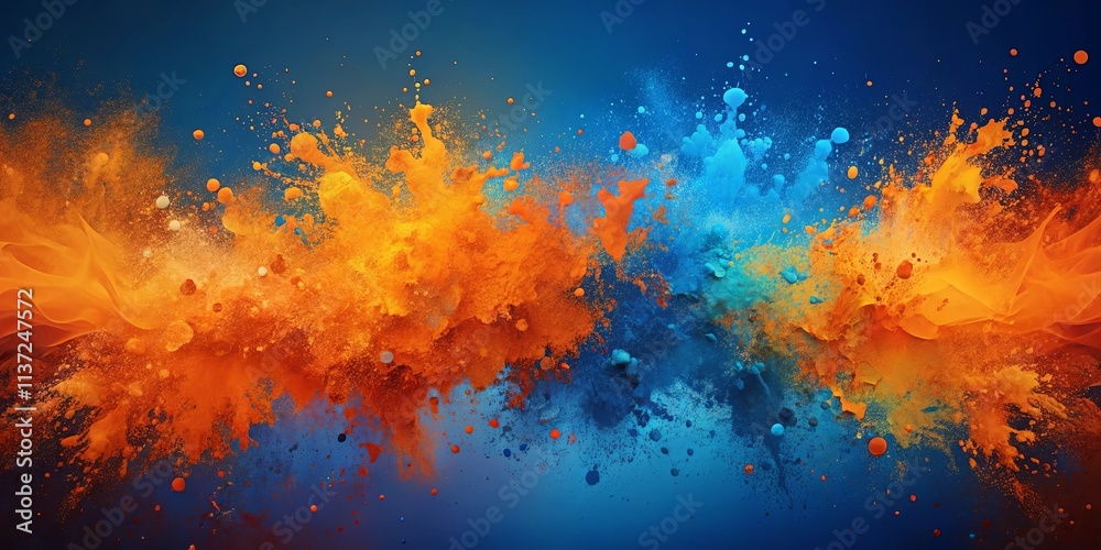 Abstract Burst of Vibrant Hues, Exploding with Orange and Blue Pigment on a Deep Blue Canvas Abstract Burst of Vibrant Hues, Exploding with Orange and Blue Pigment on a Deep Blue Canvas