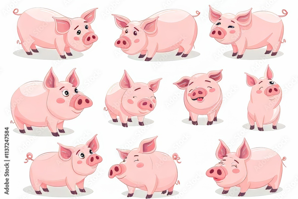 Collection of cute cartoon pigs with various expressions and poses. Collection of cute cartoon pigs with various expressions and poses.