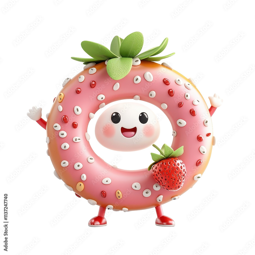Fototapeta premium 3D cartoon character-style strawberry pretzel, isolated on a white background, whimsical and playful. PNG