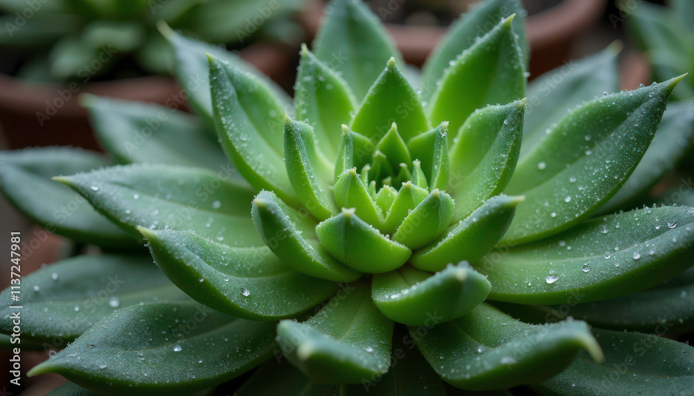 Close-up of a lush green succulent plant with water droplets on its pointed leaves Close-up of a lush green succulent plant with water droplets on its pointed leaves