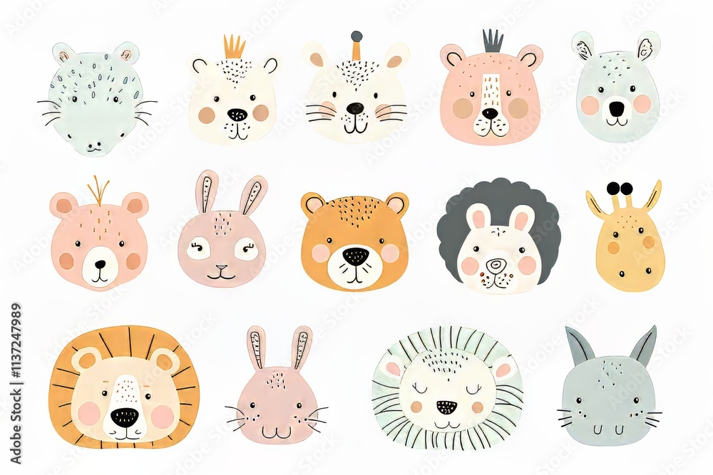 Playful collection of cute animal faces in a cheerful, cartoon style. Playful collection of cute animal faces in a cheerful, cartoon style.