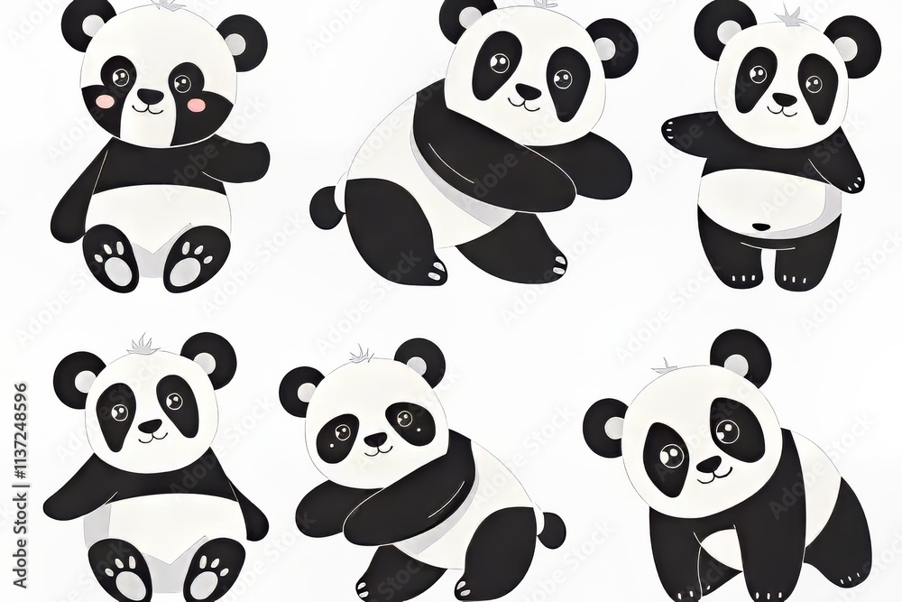 Obraz premium Playful cartoon pandas in various poses, showcasing their adorable expressions.