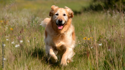 Happy dog running in a vibrant meadow.