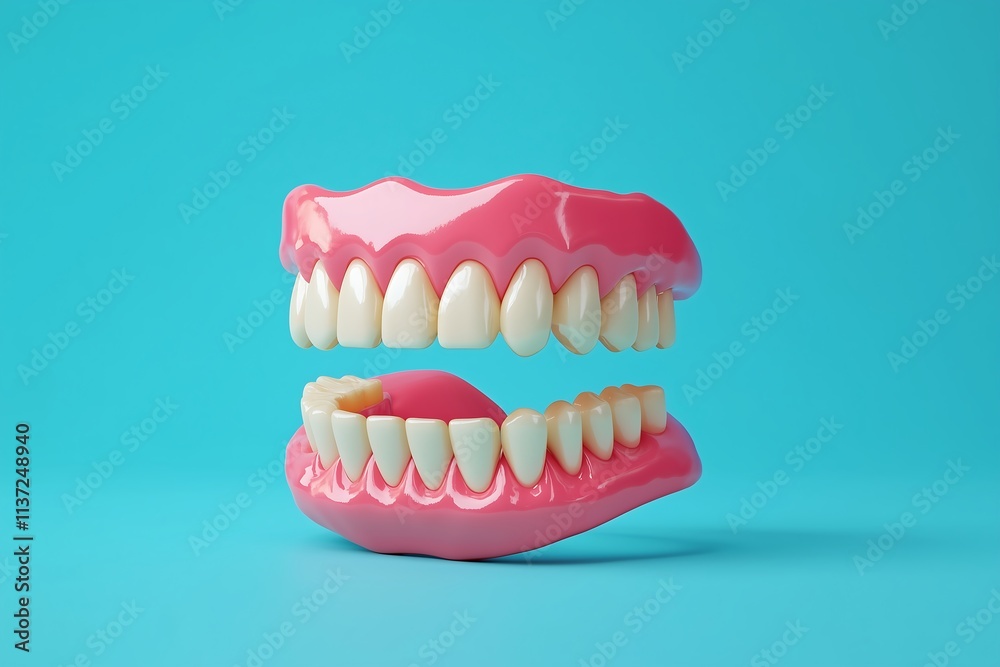 Obraz premium Dentures floating on a light blue background, showcasing healthy gums and teeth, perfect for dental and healthcare marketing
