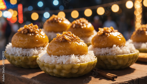 a Filipino traditional food rice cakes, puto bumbong, set against a blurry light background, Ai generated images photo