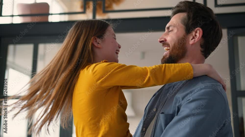 Carefree Caucasian family laugh guy man male dad parent holding swirling happy little girl kid daughter loving father daddy embrace spin child schoolgirl hug touching noses together childcare at home