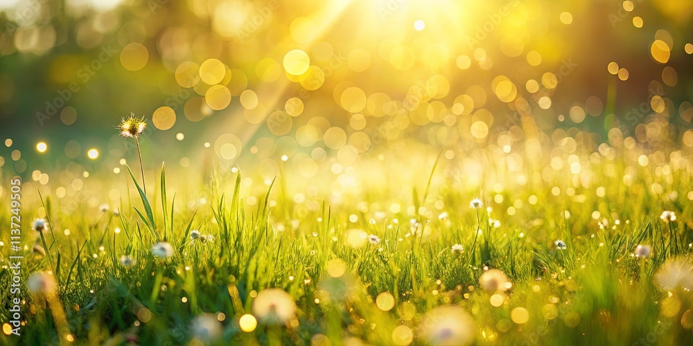 Obraz premium Sunlight filtering through a field of wildflowers, casting a golden glow on blades of grass, creating a serene and dreamy atmosphere.