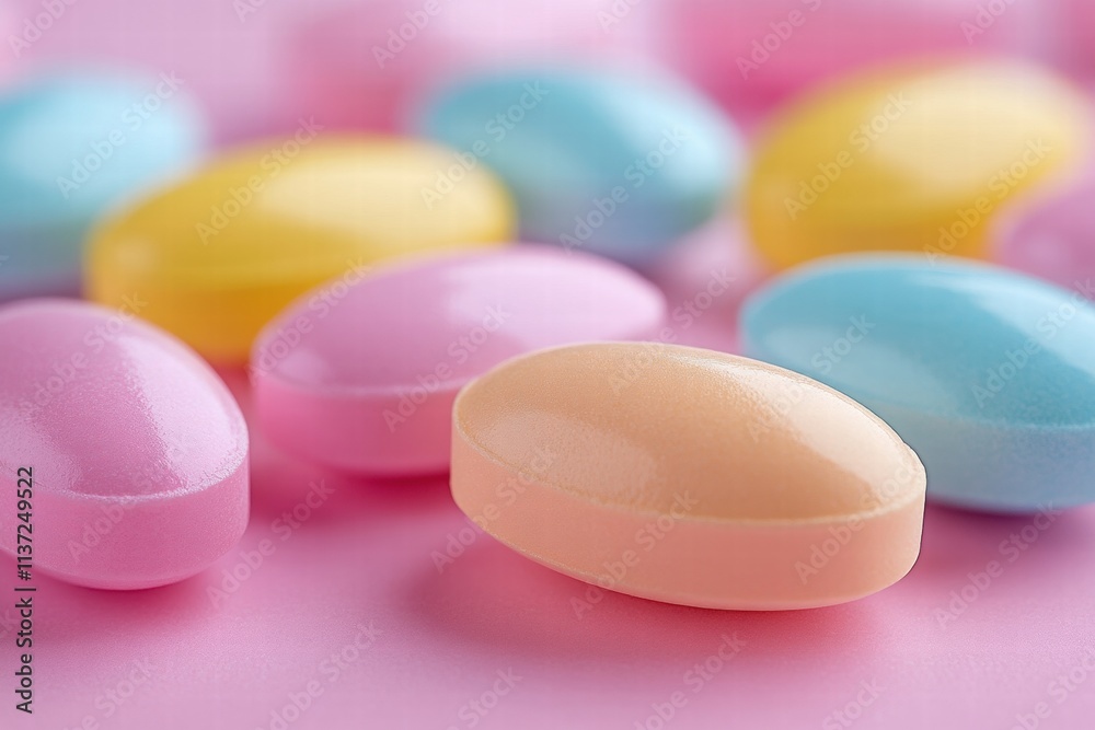 Pastel-Colored Pills on Pink Background Pastel-Colored Pills on Pink Background