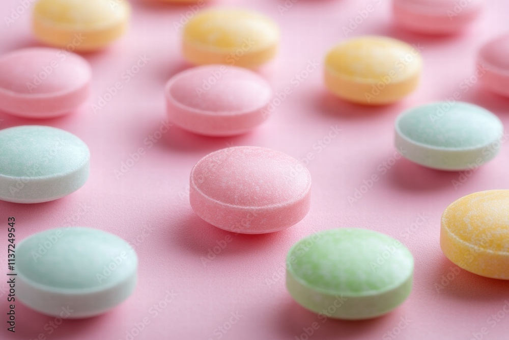 Pastel Colored Candies on Pink Background Pastel Colored Candies on Pink Background