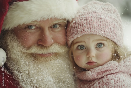 Lively acation season, Ñute baby girl sad with santa claus. Christmas marketing creative pic for magazine ad and online use. Christmas photo santa kids. Festive charm ads. Santa toddler red. photo