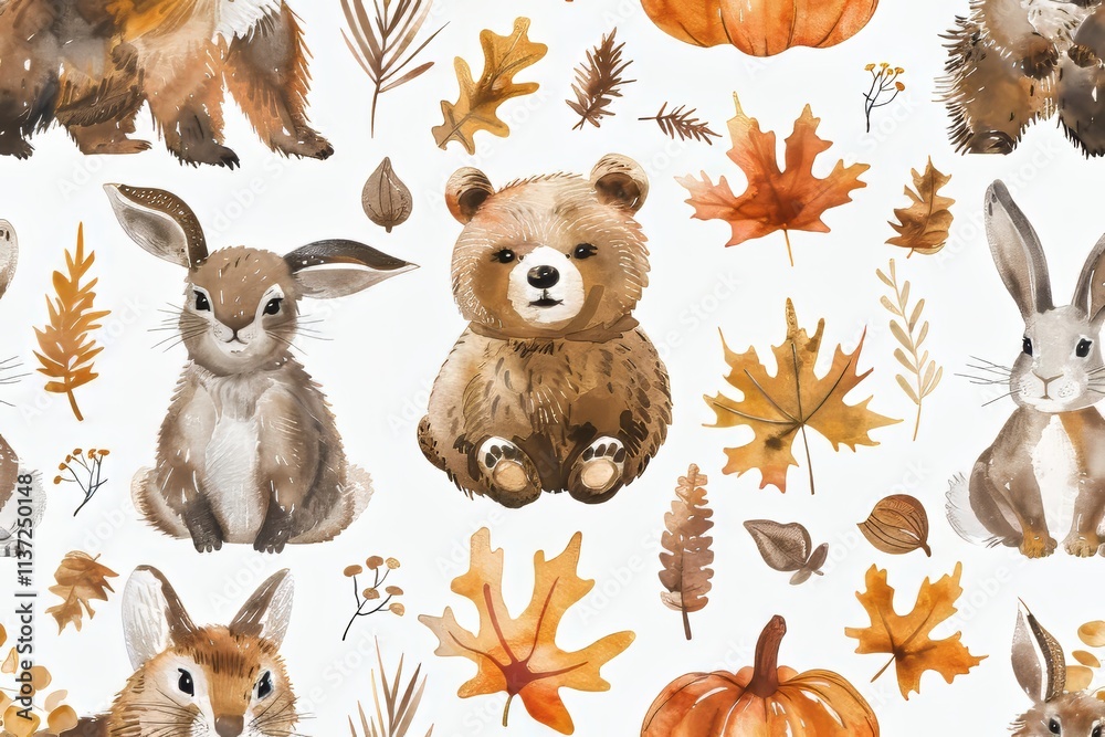 Obraz premium Whimsical autumn-themed watercolor animals and leaves illustration.