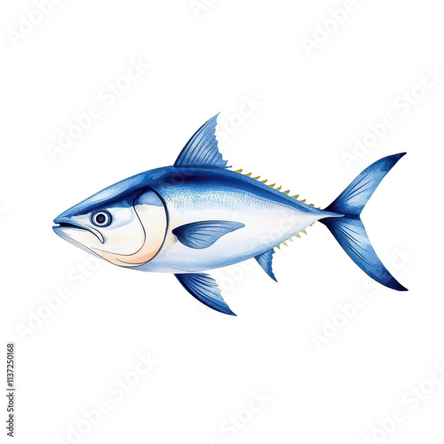 Watercolor-style tuna, isolated on a white background, soft and artistic portrayal of its features. cutout png