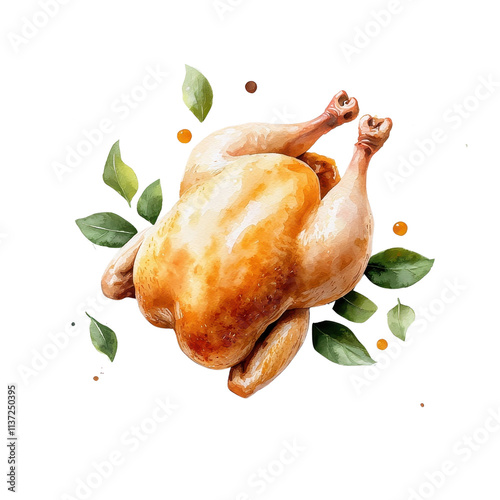 Watercolor-style roasted chicken, isolated on a white background, soft and artistic depiction of its features. cutout png photo