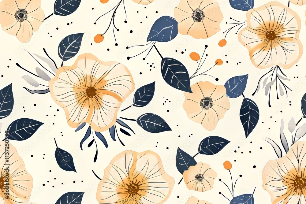 Fototapeta Delicate floral pattern featuring soft peach flowers and dark foliage.