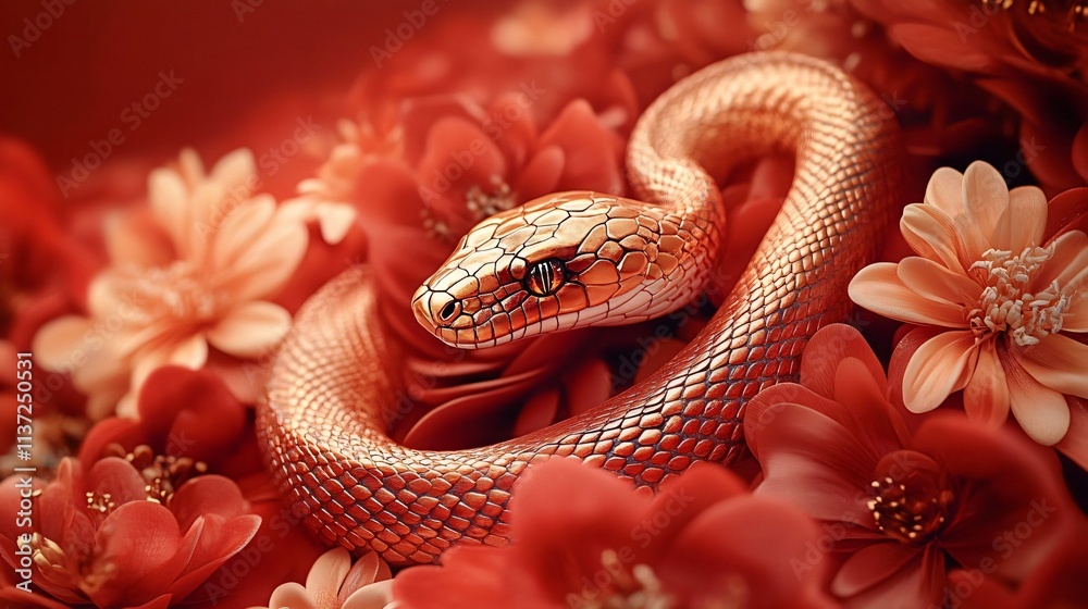 A luxurious close-up of a metallic snake among vibrant red and gold flowers, perfect for Year of the Snake celebrations, luxury branding, or elegant decor. A luxurious close-up of a metallic snake among vibrant red and gold flowers, perfect for Year of the Snake celebrations, luxury branding, or elegant decor.