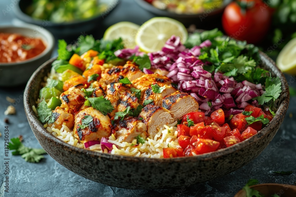Exotic Hyderabadi Chicken Biryani Platter with Fresh Vegetables, Aromatic Spices, and Garnishes on a Stylish Serving Dish Exotic Hyderabadi Chicken Biryani Platter with Fresh Vegetables, Aromatic Spices, and Garnishes on a Stylish Serving Dish