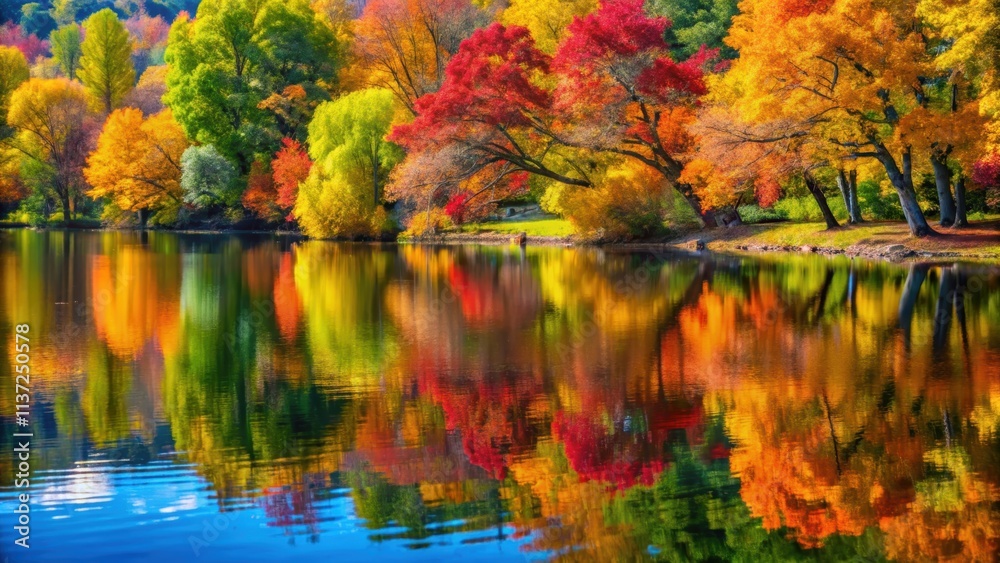 Fototapeta premium Colorful foliage tree reflections in calm pond water on a beautiful autumn day, autumn, colorful, foliage, trees, reflections, pond