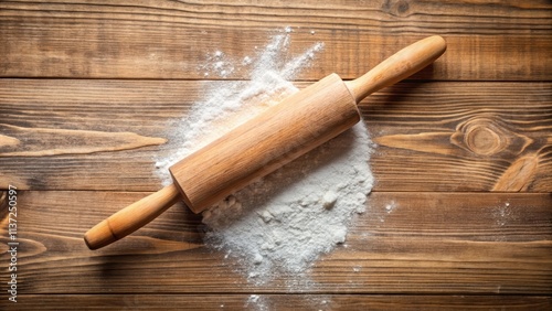 Wooden rolling pin with flour on wooden desk, baking, kitchen, tools, utensil, cooking, dough, preparation, rustic photo