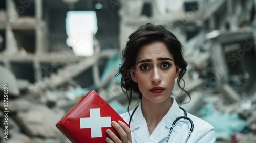 A worried female doctor holding a red first aid kit stands amidst the debris of a destroyed building, showcasing urgency and concern in a chaotic environment.