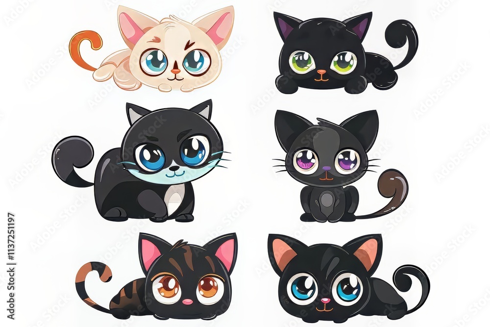 Colorful collection of cute cartoon kittens with big eyes and playful expressions. Colorful collection of cute cartoon kittens with big eyes and playful expressions.