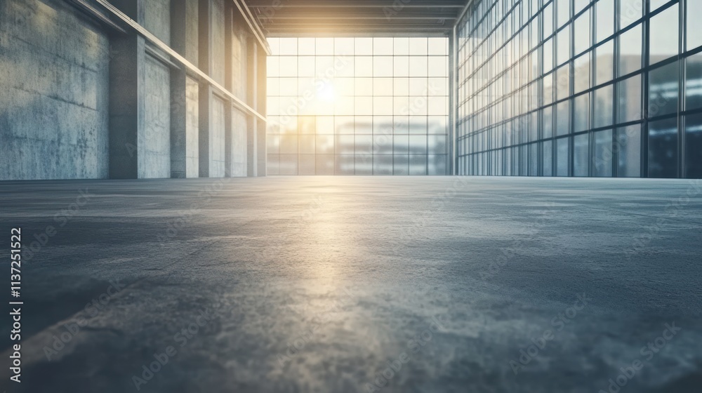 A spacious industrial interior with large windows and sunlight streaming in. A spacious industrial interior with large windows and sunlight streaming in.