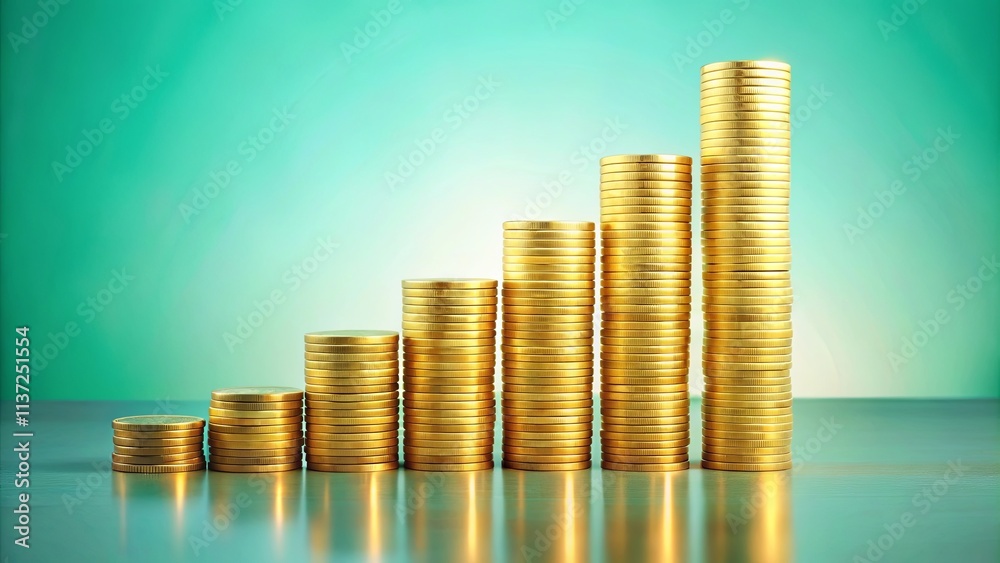 A Gradual Accumulation of Wealth, Indicating Growth and Progress, Symbolized by Stacks of Golden Coins, Against a Cool Teal Background A Gradual Accumulation of Wealth, Indicating Growth and Progress, Symbolized by Stacks of Golden Coins, Against a Cool Teal Background