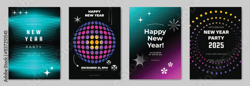Happy New Year poster design background vector set. Celebration Modern gradient card template with vibrant geometric shape, sparkle, wireframe, dot. Ideal design for social media, flyer, party, ads.