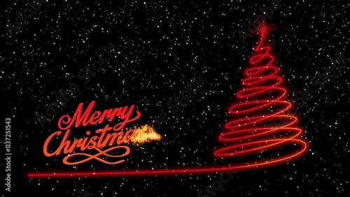 Animated drawing of red Merry Christmas text with a glowing tree on a snowing background. Alpha channel.