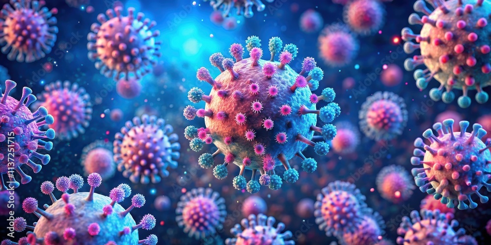 Viral particles in a microscopic view illuminated in hues of blue and pink, virus, particles, microscopic, view, illuminated Viral particles in a microscopic view illuminated in hues of blue and pink, virus, particles, microscopic, view, illuminated