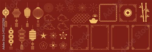 Happy Chinese New Year 2025 Icons vector set. Lanterns, frame, firework, wave, cloud, coin, cherry blossom flower, bamboo isolated icons of Asian Lunar New Year holiday decoration vector.