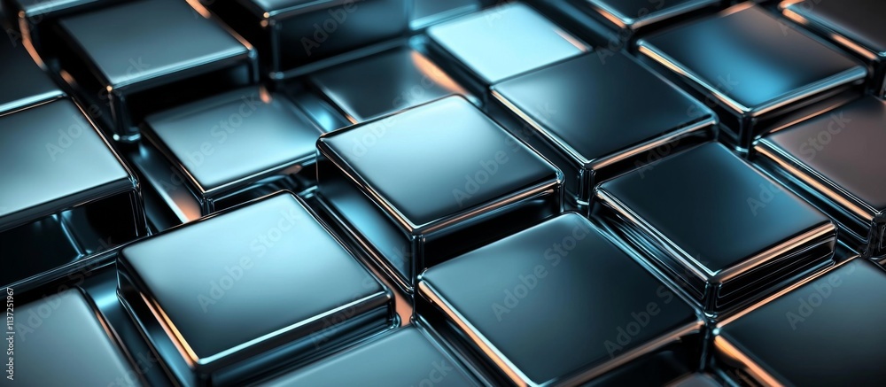Abstract 3D Rendering of Black and Silver Square Objects in Futuristic Grid Pattern on Dark Background Abstract 3D Rendering of Black and Silver Square Objects in Futuristic Grid Pattern on Dark Background