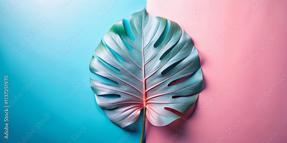 A single tropical leaf, a vibrant green with delicate veins, stands against a minimalist backdrop of contrasting blue and pink hues. A single tropical leaf, a vibrant green with delicate veins, stands against a minimalist backdrop of contrasting blue and pink hues.