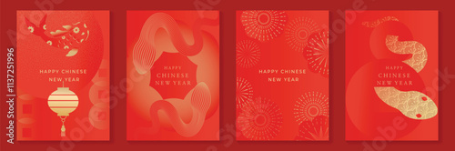 Chinese New Year 2025 greeting card background vector. Year of the Snake design with snake, lantern, fish, pattern, firework. Elegant oriental illustration for cover, poster, red envelope, calendar.